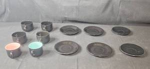 lot 336 image: Set of Black Ceramic Espresso Cups and Saucers with Colored Interiors