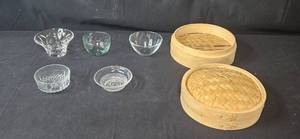 lot 369 image: Set of Assorted Glass Bowls and Bamboo Steamers