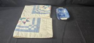 lot 376 image: Vintage Quilt and Blue Ceramic Baking Dish Set