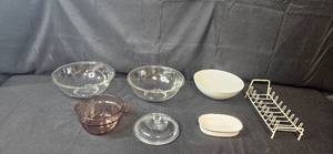 lot 408 image: Collection of Glass Bowls, Pot with Lid, and Metal Dish Rack