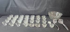 lot 428 image: Vintage Glass Punch Bowl Set with Cups and Ladle