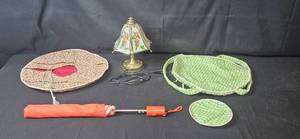 lot 430 image: Collection of Vintage Lamp with Floral Shade, Umbrella, and Quilted Accessories