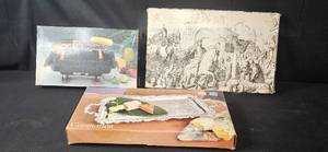 lot 442 image: Vintage Silver Plate Serving Tray and Decorative Art Print Set