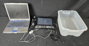 lot 394 image: Lot of 3 Dell Laptop, Touch Screen Desk Phone, and Plastic Storage Bin