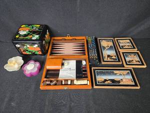 lot 424 image: Set of Oriental Art Pieces with Backgammon Set and Decorative Candles