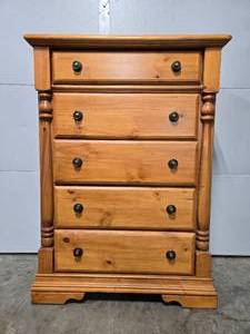 lot 439 image: Wooden Pine 5-Drawer Dresser with Brass Handles