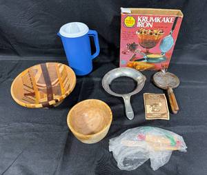 lot 346 image: Scandinavian Krumkake Iron Set with Wooden Bowls and Pitcher