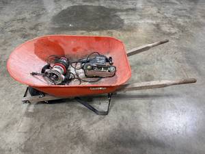 lot 468 image: Tralfa Wheelbarrow with Craftsman Belt Sander & Router Set - untested