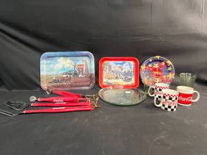 lot 482 image: Coca-Cola Collectibles Set Trays, BBQ Tools, Mugs & Glasses