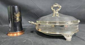 lot 505 image: Vintage Silverplated and Glass Serving Dish and Flanders Handcrafted Tankard Mug