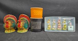 lot 508 image: Holiday Decor Set Turkey Candle Holders, Sand  Fog Candles, and Bunny Ornaments