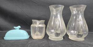 lot 510 image: Glassware Collection 2 Floral-etched Pitchers, Creamer, and Ceramic Butter Dish
