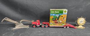 lot 524 image: Vintage John Deere Puzzle, International Harvester Toy Truck, Plow, and Century Motor Freight Thermometer