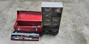 lot 493 image: Metal Toolbox and Organizer Set with Variety of Hardware