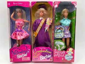 lot 42 image: Set of 3 Special Edition Barbie Dolls Valentine, Graduation, Easter Surprise