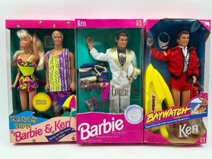 lot 128 image: Set of 3 Ken Dolls Beach Fun Barbie & Ken, Great Date Ken, and Baywatch Ken