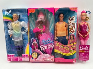 lot 205 image: Collection of 4 Barbie and Ken Dolls Rainbow Prince, Fountain Mermaid Barbie, Butterfly Art Ken, and Ballerina Barbie