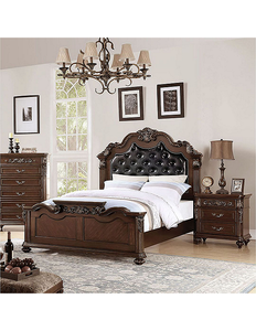 lot 123 image: Poundex Bellevue Leather-Look Bed, Queen - Side Rails broken and need Replacement - Brown and Black in Color