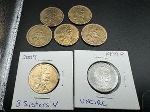 Seven Mixed Modern Dollars, Uncirculated 1999 2009 Sacajawea 3 Sisters