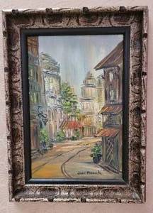 lot 50 image: Paris Streetscape Oil on Board Framed Artwork