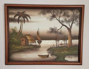 lot 51 image: Vintage Polynesian Village Scape Framed Oil Painting Art Work