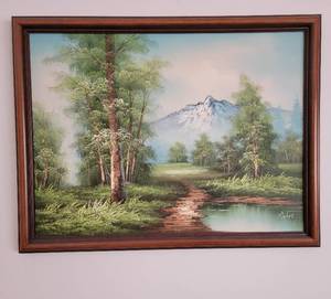 lot 52 image: Vintage Bob Rossesque Mountainscape Oil Painting Art Work