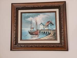 lot 54 image: Euro Fishing Boat Dock Scene Oil Painting Art Work