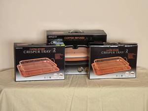 lot 233 image: Simple&Co. Copper Infused Electric Skillet - Copper Infused Crisper Tray (2) - NIB