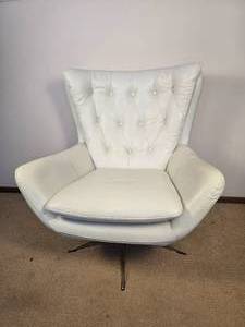 lot 2 image: Pottery Barn Wells Wingback Swivel Chair - White Tacked Leather - B