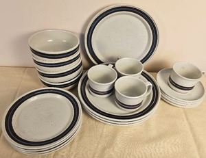 lot 224A image: Chic Stoneware China Service for Four  Blue and Brown Border Design