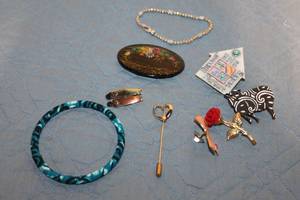 lot 11 image: Collection of Assorted Decorative Pins, Bracelet, and Bangle