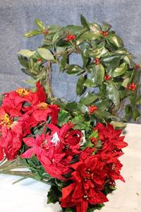 lot 52 image: Artificial Holiday Wreath and Poinsettia Bouquets with Decorative Berries