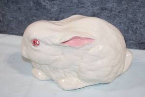 lot 64 image: Ceramic White Rabbit Sculpture with Pink Accents