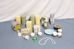 lot 84 image: Collection of Assorted Candles, Bath Products, and Pearl Necklace