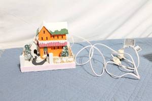 lot 98 image: Vintage Illuminated Ceramic Holiday House with Snowman Scene
