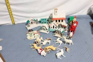 lot 116 image: Vintage Christmas Village Set with Santa Sleigh and Reindeer