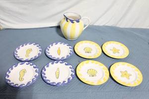lot 139 image: Set of 8 Hand-Painted Ceramic Plates and Pitcher, Made in Portugal