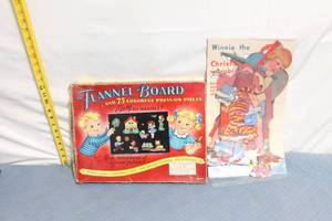 lot 169 image: Vintage Flannel Board Set with 75 Colorful Press-On Pieces and Winnie-the-Pooh Cutouts
