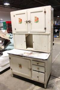 lot A-181 image: Vintage White Kitchen Hoosier Cabinet with Floral Accents