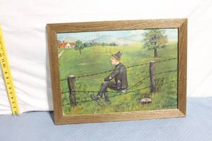 lot A-186 image: Framed Painting by E. Ramsch 1985 - Man Sitting on Fence