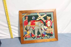 lot 192 image: Framed Circus Theme Needlepoint Artwork with Wooden Frame