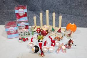 lot 202 image: Assorted Holiday Decorations and Ceramic Fortune Teller Ball