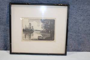 lot 209 image: Framed Linocut Print by Harlan Scheffler Titled North Woods Idyll