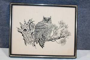 lot 211 image: Framed Black and White Owl Embroidery Art