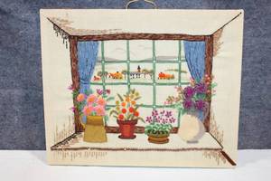 lot 213 image: Hand-Embroidered Vintage Wall Art with Floral and Landscape Design