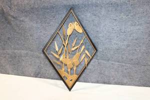 lot 215 image: Gold Metal Butterfly and Bamboo Wall Art in Black Frame
