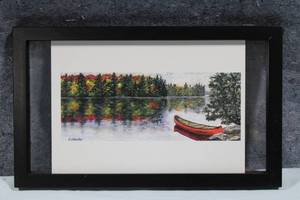 lot 232 image: Framed Artwork of Red Canoe on Lake with Autumn Foliage