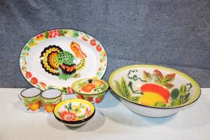 lot A-254 image: Set of Vintage Enamelware Dishes with Floral and Fruit Patterns