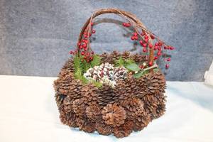 lot 309 image: Handcrafted Pine Cone Basket with Red Berries and Greenery