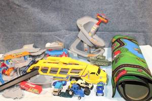 lot 317 image: Large Lot of Assorted Toy Vehicles and Track Set with Playmat